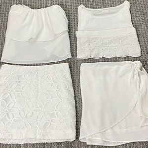 🤍 Bundle of 4 White Crop Tops/Mini Skirts with Lace, Ruffles & Satin.